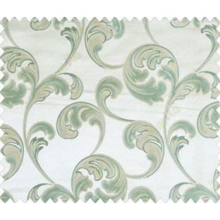 Large scroll with aqua blue green beige flower with embossed look on cream shiny fabric main curtain